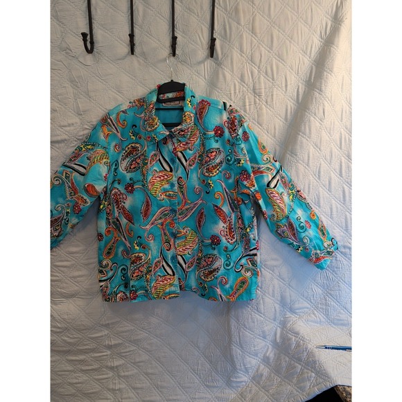life style Jackets & Blazers - Life Style 2X jacket blue paisley Beaded button down stretch lined long sleeve